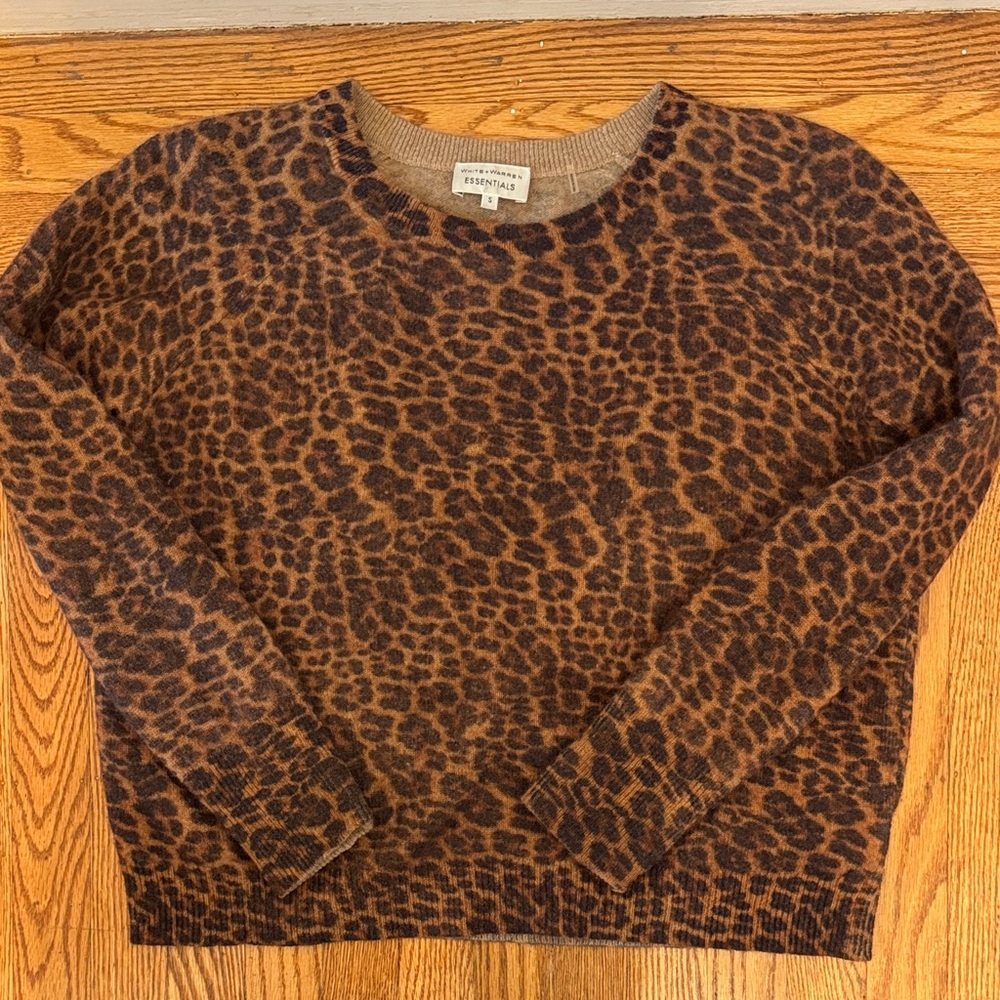 White + Warren Cashmere Brown Leopard Print Sweater Small